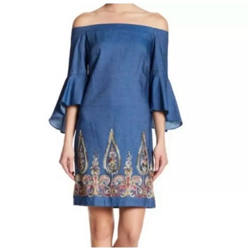 Off-Shoulder Blue Embroidered Shift Dress